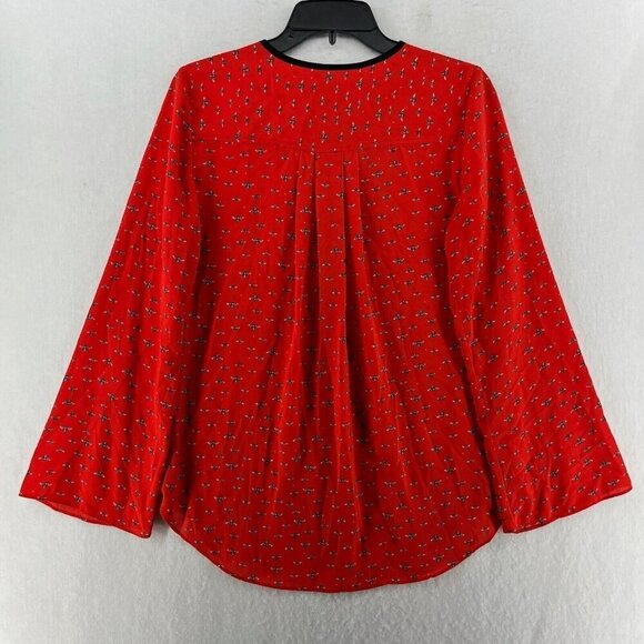 Libby Edelman Blouse Women's Sz XS Red Bee Print Tasseled Tie Front Flowy - Picture 2 of 12
